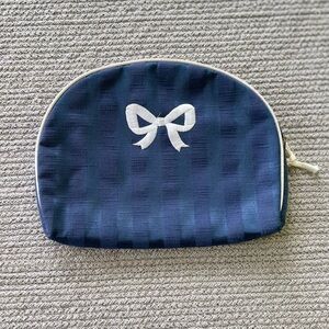 Vintage 60s 70s Navy Blue White Embroidered Bow Damask Stripe Clutch Makeup Bag